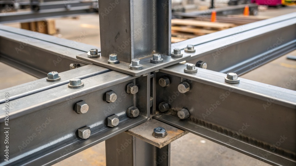 Closeup of steel beams connecting two modular units emphasizing the intricate welding and bolting required for structural integrity during installation. Closeup of steel beams connecting two modular units emphasizing the intricate welding and bolting required for structural integrity during installation.