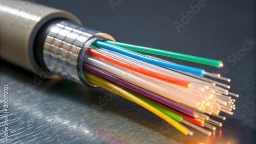 Closeup of the colorful strands of a multicore fiber optic cable being threaded through a protective conduit illuminated by the sunlight reflecting off the shiny surfaces of the photo