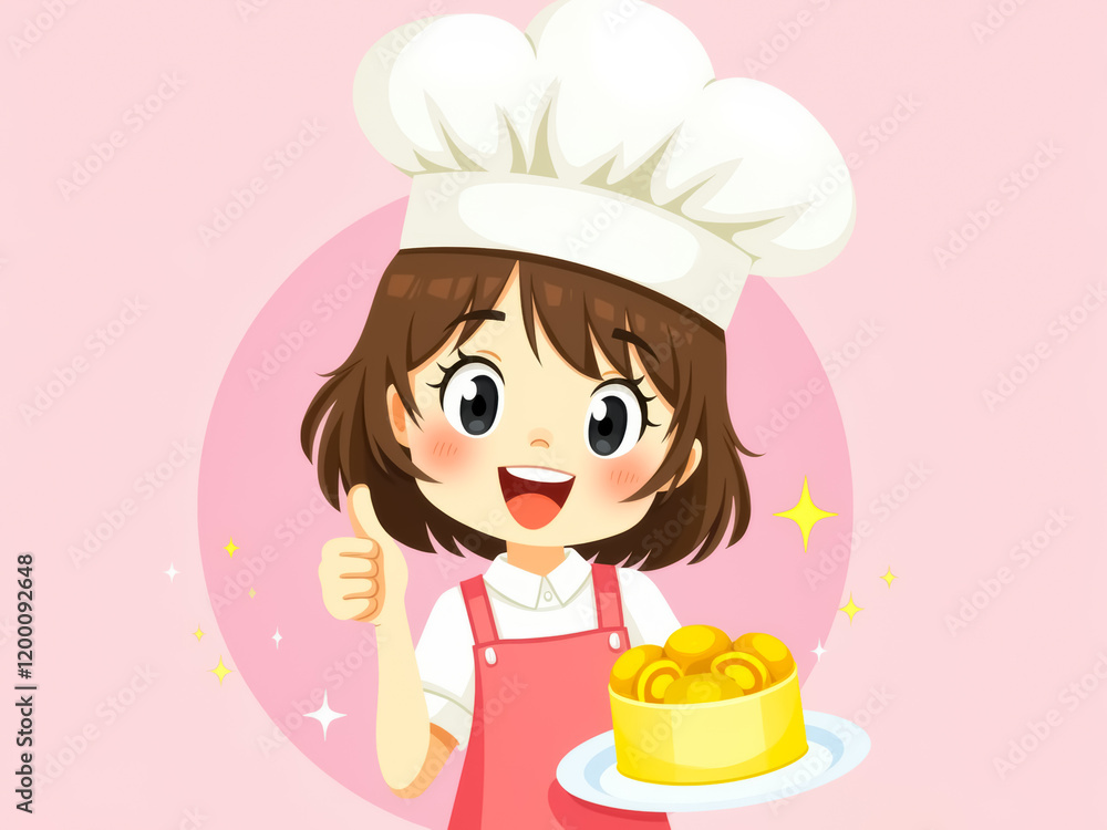 smiling girl chef gives thumbs up while presenting a delicious dessert smiling girl chef gives thumbs up while presenting a delicious dessert