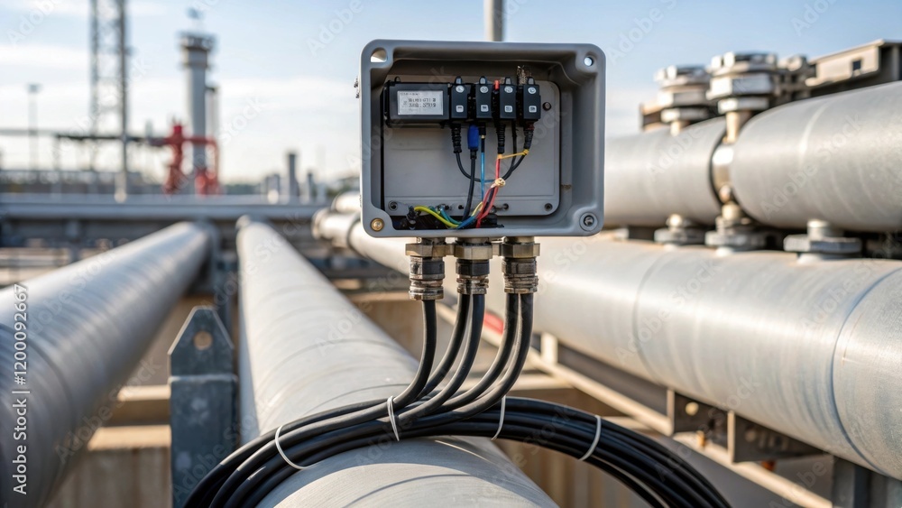 Detailed shot of a rugged weatherproof sensor mounted on the side of a pipeline capturing the intricate wiring and connections that facilitate data transmission. Detailed shot of a rugged weatherproof sensor mounted on the side of a pipeline capturing the intricate wiring and connections that facilitate data transmission.