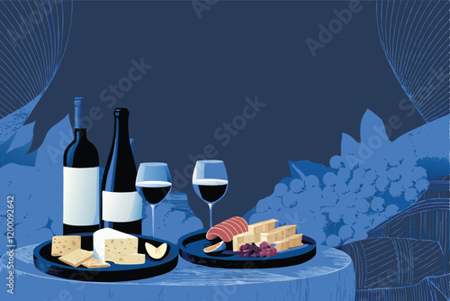 Create a vector background featuring a wine and cheese tasting scene with various cheeses, grapes, wine glasses, and a rustic wooden table.