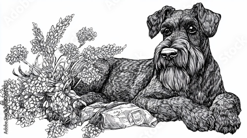 Wallpaper Mural Elegant monochrome illustration of a Schnauzer dog resting near flowers. Torontodigital.ca