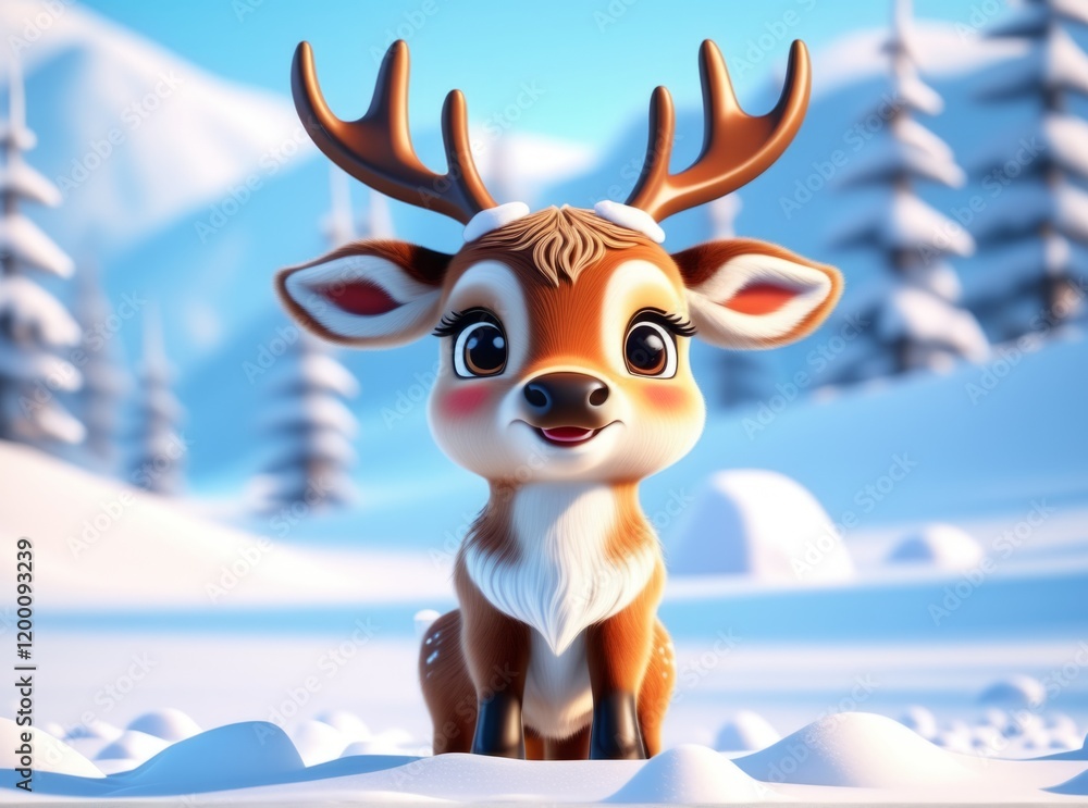 Cute cartoon deer smiling in a snowy winter landscape with mountains and evergreen trees Cute cartoon deer smiling in a snowy winter landscape with mountains and evergreen trees