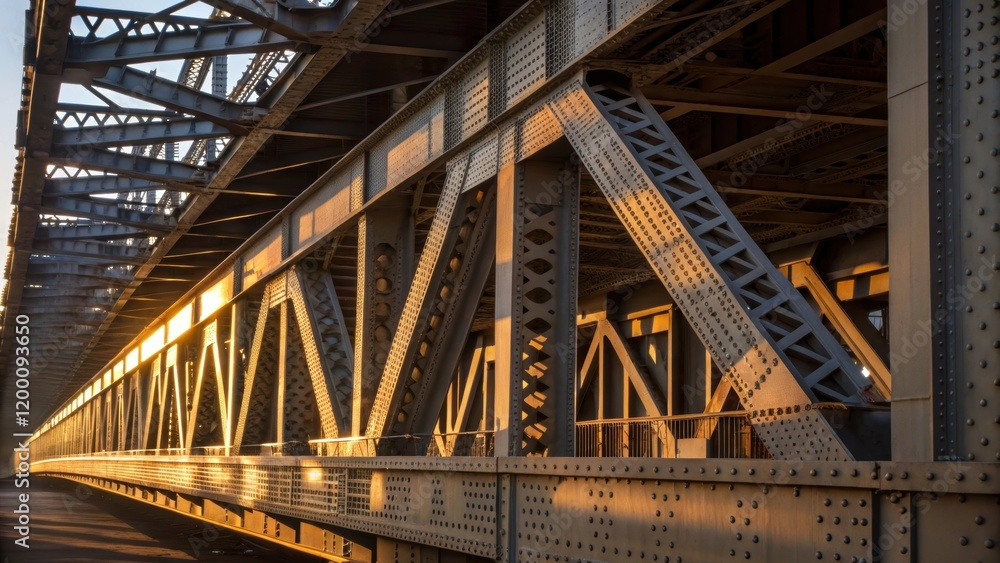 Medium closeup of a partially assembled bridge segment illuminated by sunlight with shadows playing across the steel frame emphasizing the scale and structure. Medium closeup of a partially assembled bridge segment illuminated by sunlight with shadows playing across the steel frame emphasizing the scale and structure.