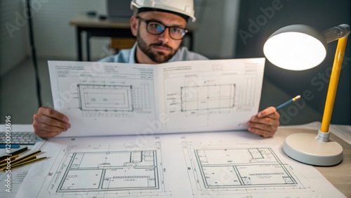 Medium closeup of an engineer reviewing blueprints spread out on a table with ventilation schematics visible highlighting the planning phase of the installation. photo