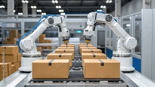 Medium closeup of a robotic workstation with multiple arms working in unison emphasizing synchrony and efficiency in the packaging process.