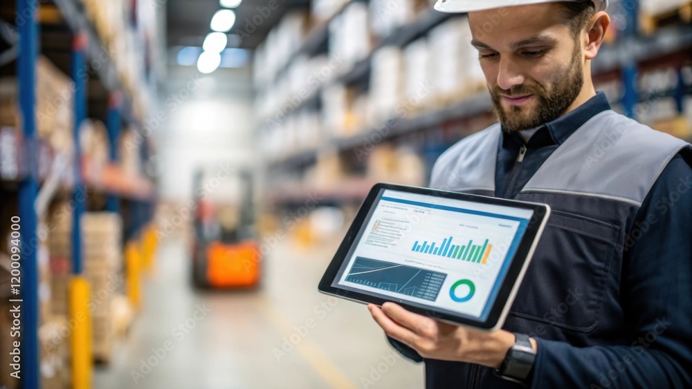 Medium closeup of a warehouse manager monitoring live data on a touchscreen tablet showcasing the use of realtime analytics in streamlining operations. Medium closeup of a warehouse manager monitoring live data on a touchscreen tablet showcasing the use of realtime analytics in streamlining operations.