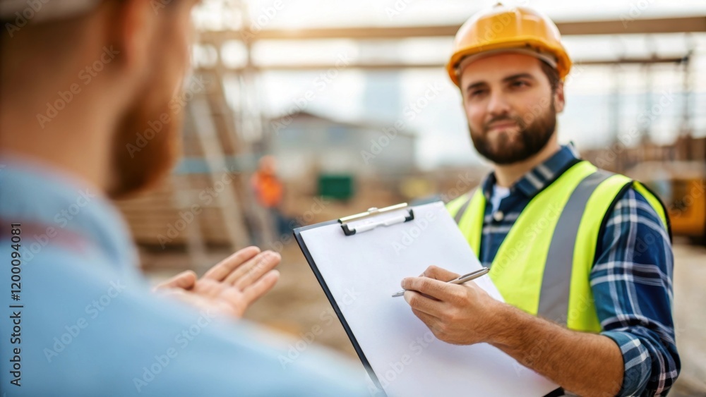 Medium closeup of a worker gesturing with a clipboard discussing plans and instructions with a colleague showcasing teamwork and communication onsite. Medium closeup of a worker gesturing with a clipboard discussing plans and instructions with a colleague showcasing teamwork and communication onsite.