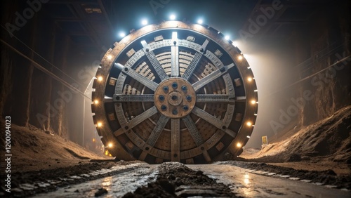 Medium closeup of a tunnel boring machines rotating ter head with thick steel blades and lights illuminating the muddy earth symbolizing the tingedge technology used in tunneling.