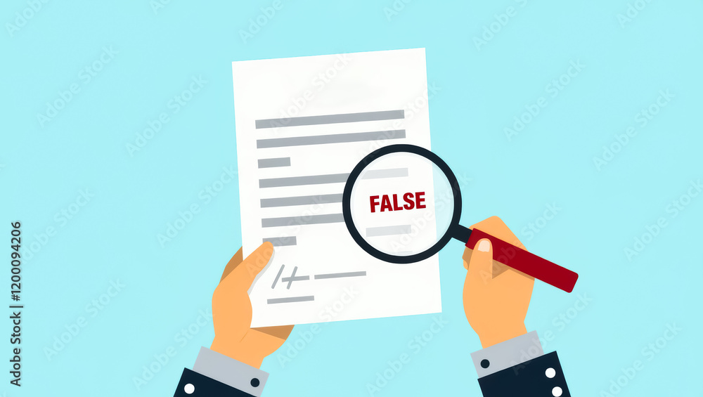 hands inspecting document with magnifying glass word false highlighted hands inspecting document with magnifying glass word false highlighted