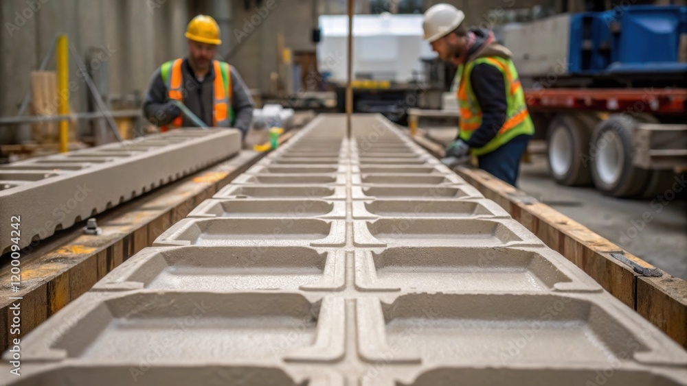 Medium closeup of concrete being poured into molds for tunnel walls with workers carefully monitoring the flow emphasizing the craftsmanship involved in the reinforcement process. Medium closeup of concrete being poured into molds for tunnel walls with workers carefully monitoring the flow emphasizing the craftsmanship involved in the reinforcement process.
