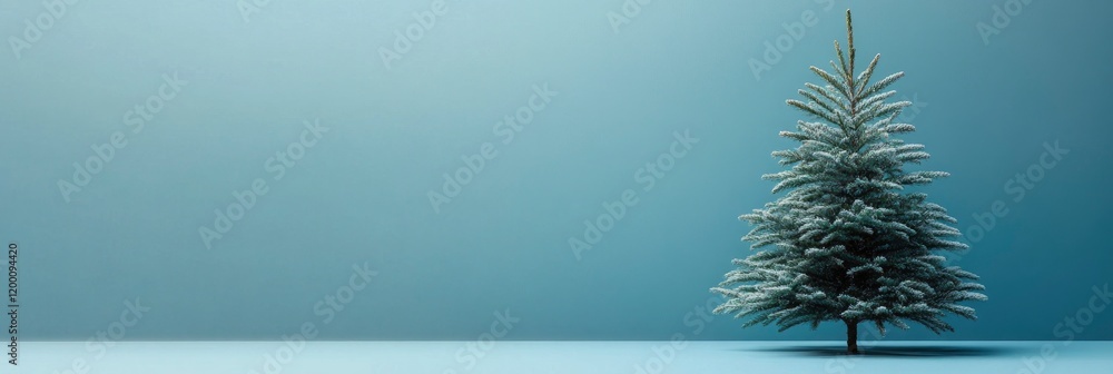 Fototapeta premium Christmas tree on a blue background with copy space, captured with a wide-angle lens.
