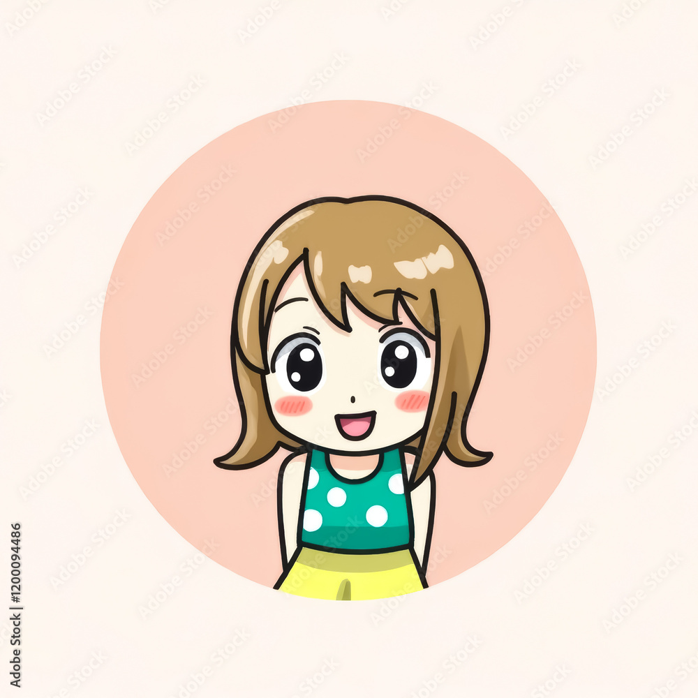 cheerful cartoon girl with brown hair and polka dot top cheerful cartoon girl with brown hair and polka dot top
