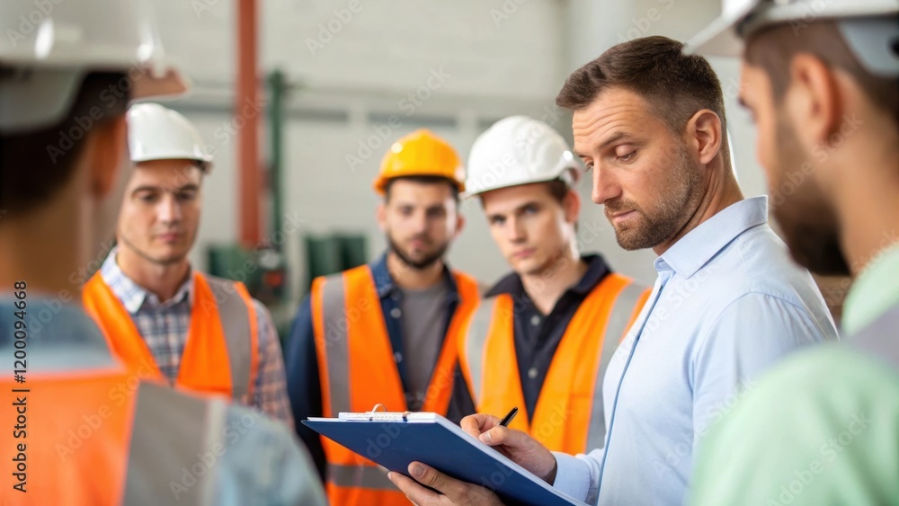 Medium Closeup of Training Session A supervisor demonstrates how to operate the newly installed machinery to a group of workers who watch attentively taking notes. Medium Closeup of Training Session A supervisor demonstrates how to operate the newly installed machinery to a group of workers who watch attentively taking notes.