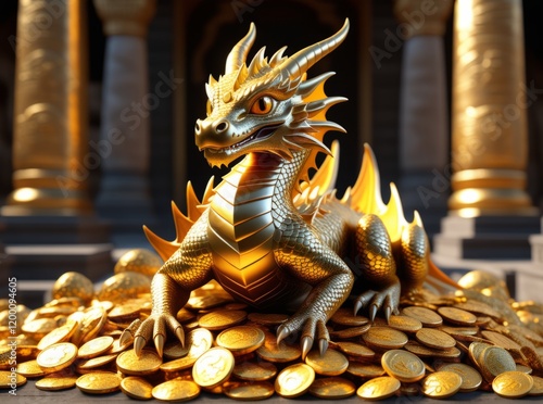 Golden dragon resting on a pile of coins in a majestic treasure room photo