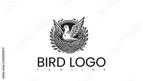 Black and white nature bird in a nest logo