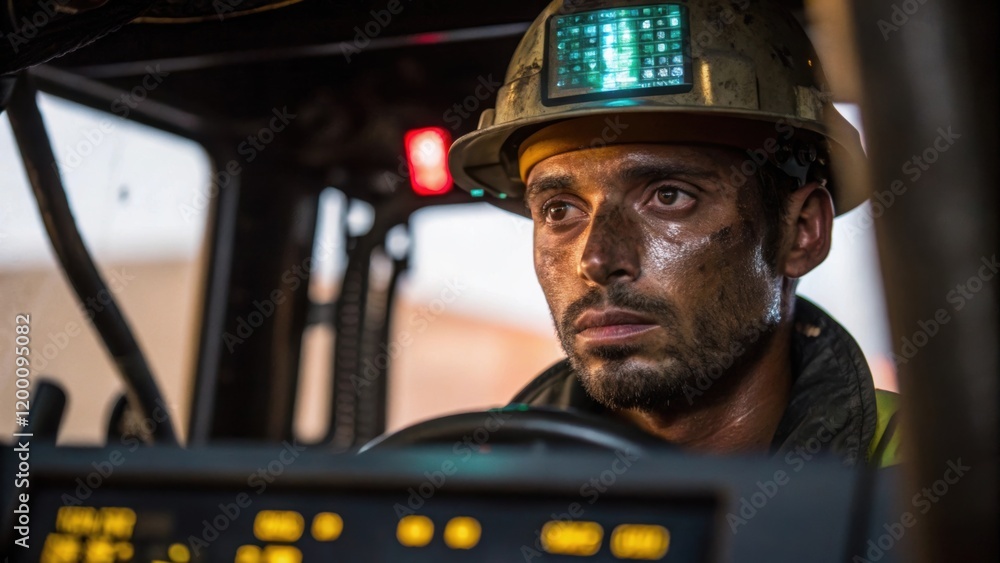 The operators face illuminated by the digital display of the control panel sweat glistening on their brow conveying the pressure and intensity of operating heavy machinery on a The operators face illuminated by the digital display of the control panel sweat glistening on their brow conveying the pressure and intensity of operating heavy machinery on a