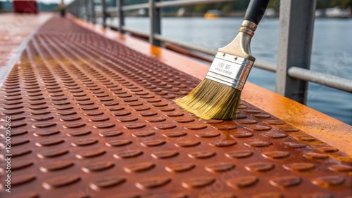 A closeup capturing the intricate patterns of corrosionresistant paint being applied to the surface of a floating dock panel highlighting brush strokes. photo