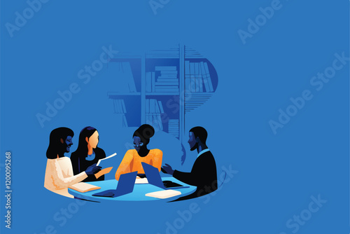 A vector illustration of a group of diverse students engaged in a lively discussion, showcasing their different perspectives and ideas.