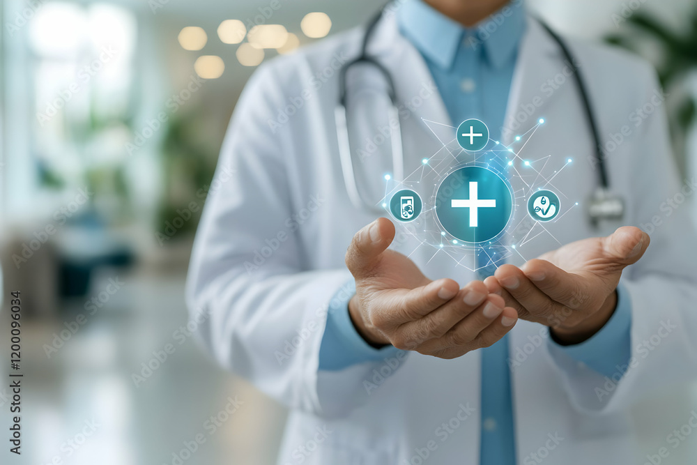 Doctor holding digital health network, clinic Doctor holding digital health network, clinic