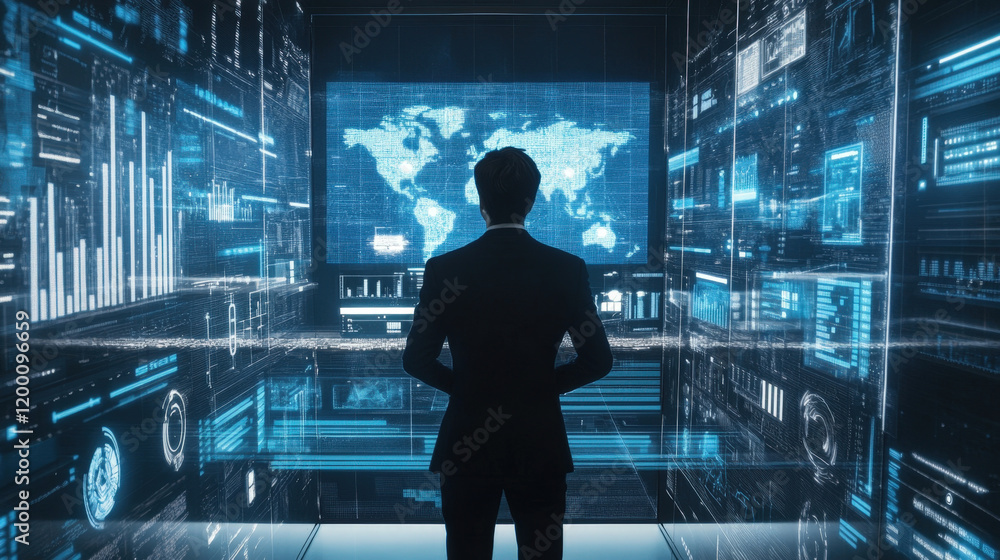 Professional man analyzing data in a futuristic digital environment with global maps and statistics displayed, emphasizing technology and analytics Professional man analyzing data in a futuristic digital environment with global maps and statistics displayed, emphasizing technology and analytics