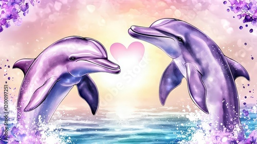 Two playful dolphins create a heart shape in a colorful ocean scene, symbolizing love and connection against a vibrant sunset backdrop. photo