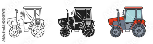 Simple flat icons of european retro tractor. Outline, silhouette and colourful vector illustration