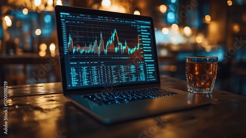Trading strategies displayed on a laptop screen in a cozy bar setting with a glass of whiskey