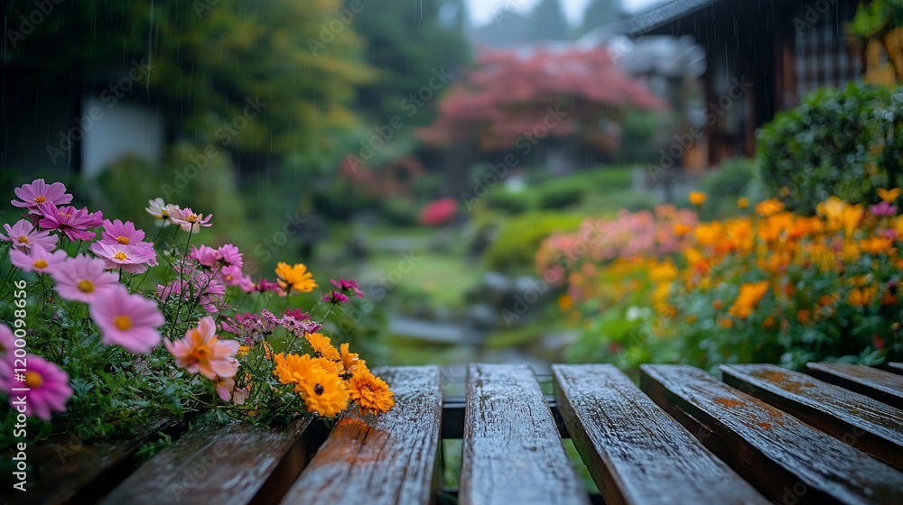 Fototapeta premium Rainy day in a serene garden with colorful flowers on a wooden table.