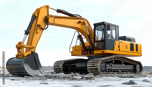 Yellow excavator digging, construction site, outdoors