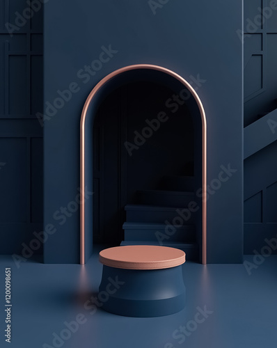 minimalist 3d rendering of a cylindrical pedestal in a navy blue setting