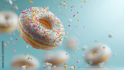 Flying donuts with sprinkles on blue background.