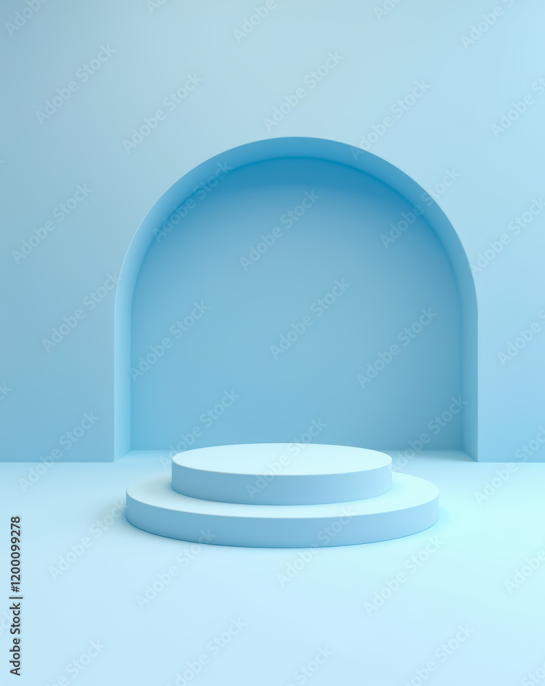 two-tiered cylindrical platform in a minimalist blue setting