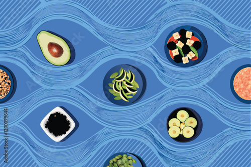 Create a vector pattern featuring healthy foods like avocados and nuts.  Use a vibrant color palette and playful design.