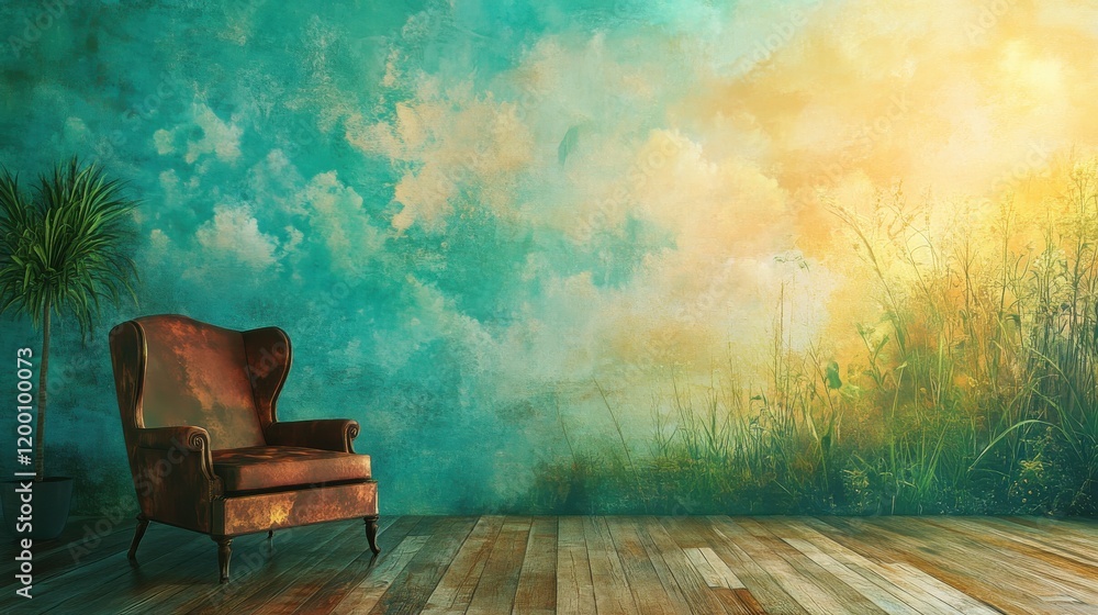 Rustic armchair in a room with a dreamy landscape mural. Rustic armchair in a room with a dreamy landscape mural.