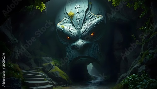 Mysterious Gorilla Guardian: A Digital Painting of a Colossal Ape Head Carved into a Mountain,  Overlooking a Misty River Path photo