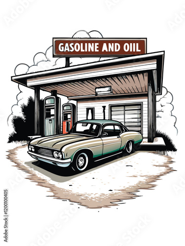 A retro gas station with a classic car parked at the pump, surrounded by vintage signage and an old-fashioned atmosphere.