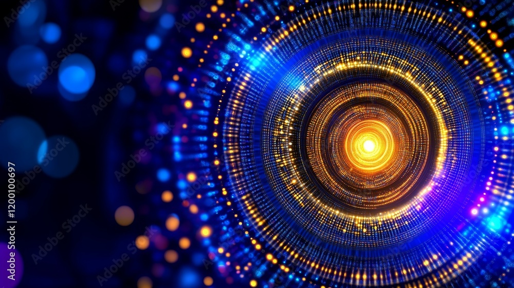 Abstract Digital Vortex Tunnel - A swirling vortex of vibrant blue and gold light creates a mesmerizing digital tunnel effect. Perfect for technology, science, and futuristic themes.