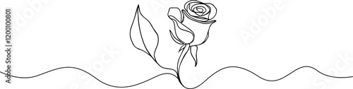 Rose one line drawing. Abstract flower continuous line. Minimalist contour drawing of rose . Continuous line drawing of flower rose . Hand drawn sketch of flower with leaves.