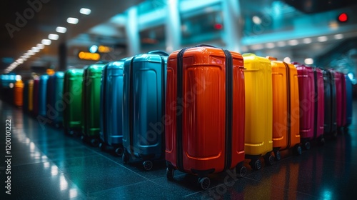 A row of colorful suitcases neatly arranged side-by-side in an airport terminal photo