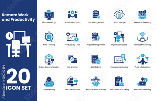 Remote Work and Productivity icon set. Features essential icons for Virtual Meetings, Team Collaboration, Task Management, and Productivity Tools. Vector icon set.