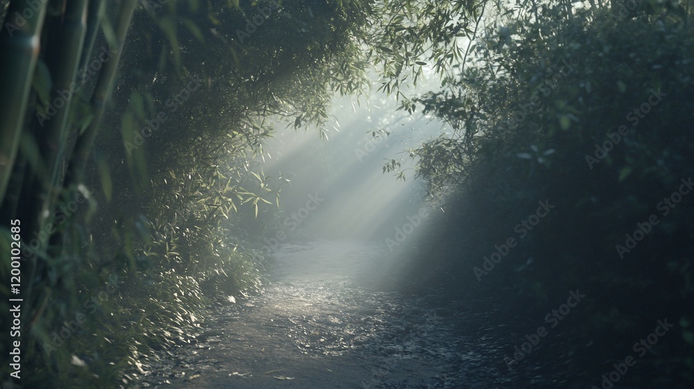 Sunbeams illuminate a misty path through lush bamboo forest. Sunbeams illuminate a misty path through lush bamboo forest.