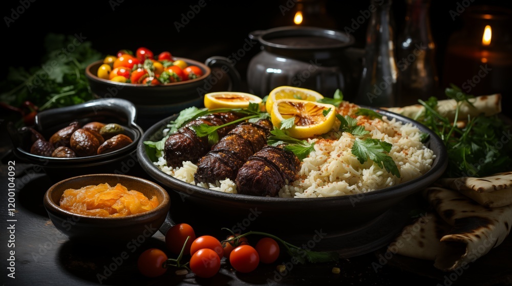 A delicious and healthy meal featuring a variety of stews with vegetables, chicken, and rice, served with a side of salad and savory sauces A delicious and healthy meal featuring a variety of stews with vegetables, chicken, and rice, served with a side of salad and savory sauces
