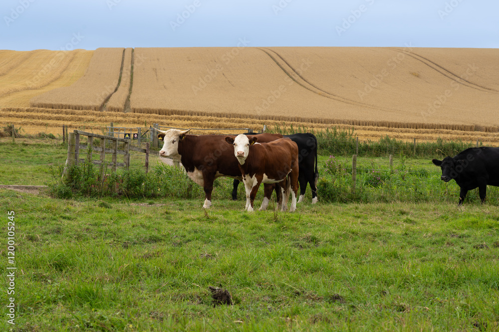 Golden fields mature barley with tractor lines leading to horizon and green field and cattle in foreground Golden fields mature barley with tractor lines leading to horizon and green field and cattle in foreground