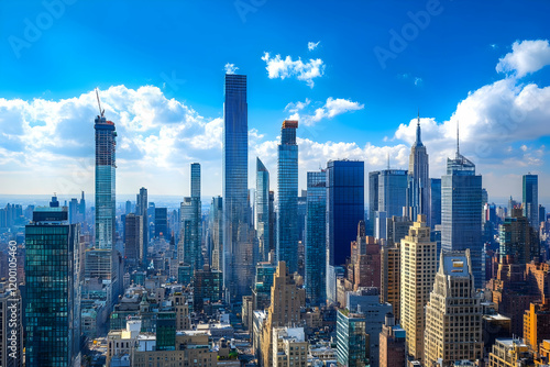 Wallpaper Mural City skyline with towering skyscrapers under a bright blue sky, urban downtown view   Torontodigital.ca