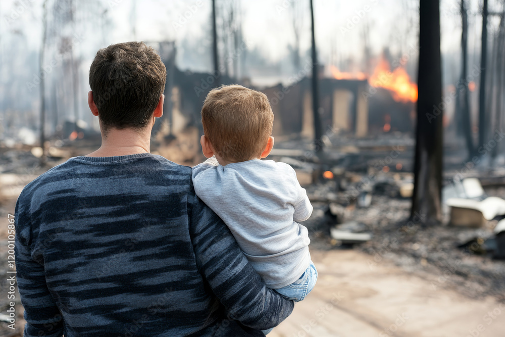 Family Watching Burned Home - A father holds his young son, both looking at the remains of their fire-damaged house. Devastation and loss are evident. Family Watching Burned Home - A father holds his young son, both looking at the remains of their fire-damaged house. Devastation and loss are evident.