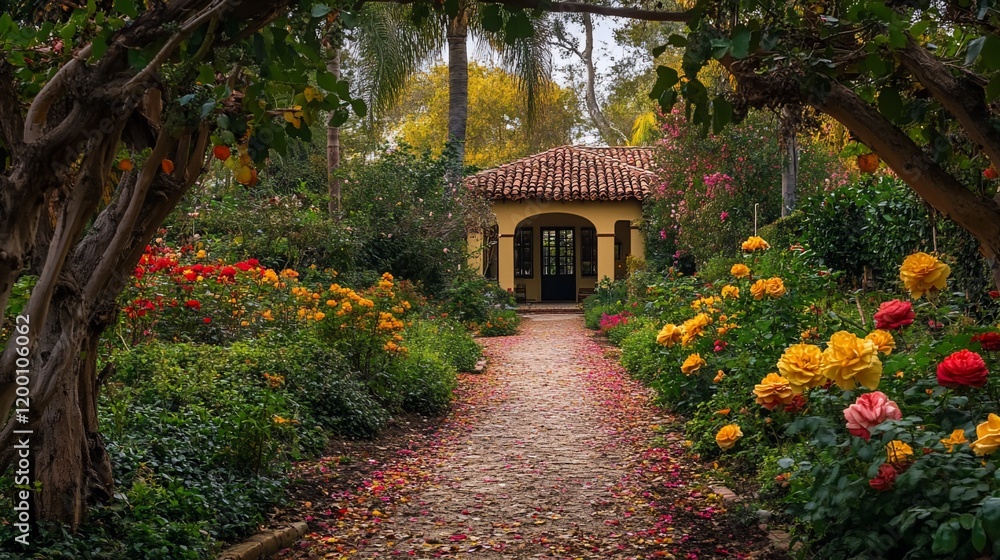 Colorful rose garden path leads to charming house. Colorful rose garden path leads to charming house.