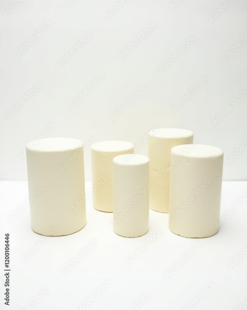 five cylindrical creamy white pedestals on white background five cylindrical creamy white pedestals on white background
