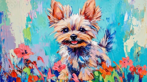 Playful Yorkshire Terrier puppy in vibrant floral field, impasto painting style.