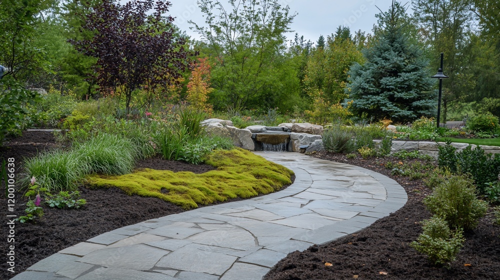 Curving stone pathway through lush garden with small waterfall feature. Curving stone pathway through lush garden with small waterfall feature.